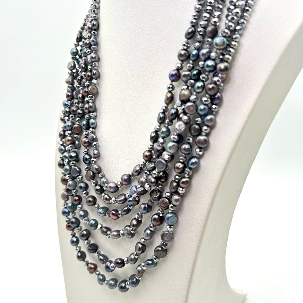 SOLD.  Elegant Six Layer, Black Pearl and Silver Crystal Necklace - Picture 2 of 3